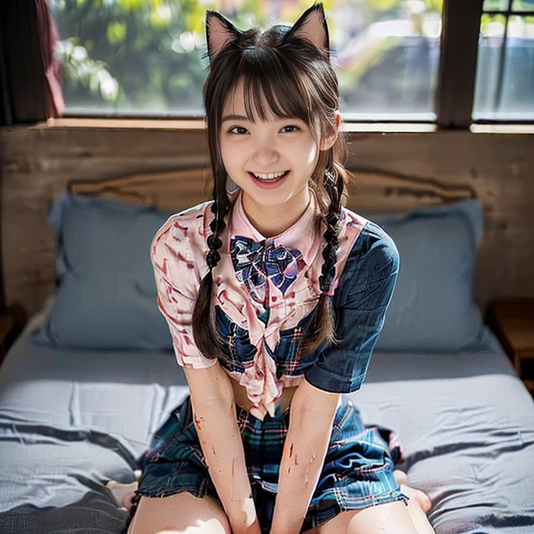 ((Masterpiece, Top image quality, high resolution、alone、shiny skin))(on the table, best quality, actual, super detailed, meticulous, high resolution, 8k wallpaper), Close-up portrait of a beautiful woman, like, smiling, light brown messy hair, Perfect dynamic composition, 美丽meticulous的眼睛, Just like the cover of a fashion magazine, on campus,wearing gold glasses