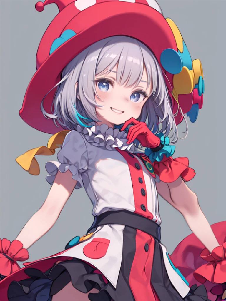 Conceit, smile, ((close)), Laughter, From below, Remember, One girl, Are standing, alone, Remember, Multicolored clothing, Clown hat, puffy short sleeve, gloves, button, Skin of color, Symbol-shaped pupil, Red eyes, blue eyes, Simple Background, Gray background,