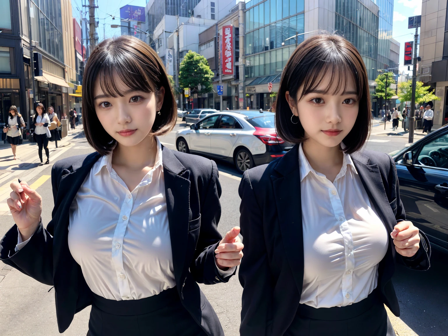 (Surrealism, RAW photo, Nikon, 8k, super detail, masterpiece, intricate details, realistic lighting),
(anatomically correct, very accurate human body, highly detailed face, realistic skin, realistic),
(2 girls, 16 years old, Japanese girls, slim waist and busty body, Slender long legs, large breast, baby face, affectionate cute, surreal woman),
(round face, black hair, short bob cut, bangs, Down-slating eyebrows, Moist eyes, one little earring, light blush),
((random elegant pose)),
(look at camera, stare at viewer:1.3),
((offce worker, Tight skirts, blouses, jackets, business bags)),
(tokyo, Main street, many office workers coming to work on background),
Natural lighting, full length, whole body,