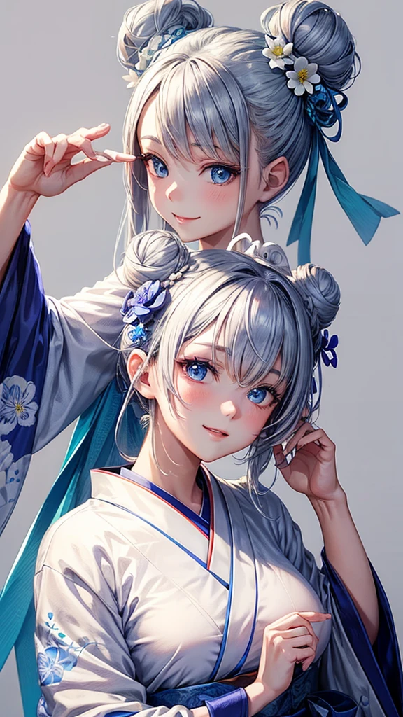 Anime character, half body only, upper body only, half body portrait, posing like a model, good looking, beautiful, full of details, aesthetic, hd, masterpiece art, amazing work. Solo,  girl, hair in bun, one bun, just one bun, flower accessories in bun, bluish gray colored hair, Lady, blue eyes, smile, elegant look, elegant carrying, white Japanese kimono, blue decoration, Lily flower theme, eyes facing camera, there are no hands to hinder the appearance, hands down, simple background.