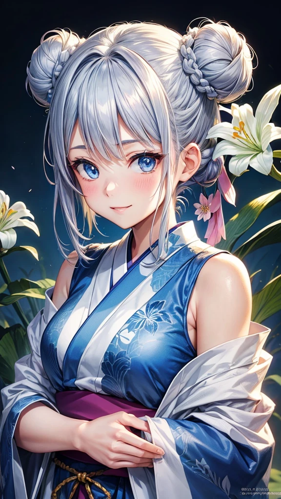 Anime character, half body only, upper body only, half body portrait, posing like a model, good looking, beautiful, full of details, aesthetic, hd, masterpiece art, amazing work. Solo, girl, hair in bun, one bun, just one bun, flower accessories in bun, bluish gray colored hair, Lady, blue eyes, smile, elegant look, elegant carrying, white Japanese kimono, blue decoration, Lily flower theme, eyes facing camera, there are no hands to hinder the appearance, hands down, simple background.