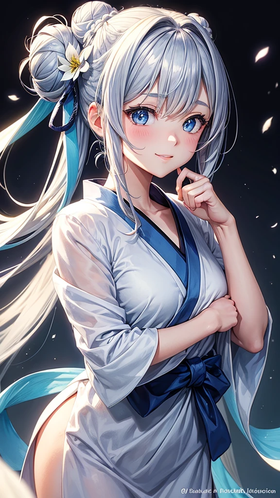 Anime character, half body only, upper body only, half body portrait, posing like a model, good looking, beautiful, full of details, aesthetic, hd, masterpiece art, amazing work. Solo, teen girl, hair in bun, one bun, just one bun, flower accessories in bun, bluish gray colored hair, Lady, blue eyes, smile, elegant look, elegant carrying, white Japanese kimono, blue decoration, Lily flower theme, eyes facing camera, there are no hands to hinder the appearance, hands down, simple background.