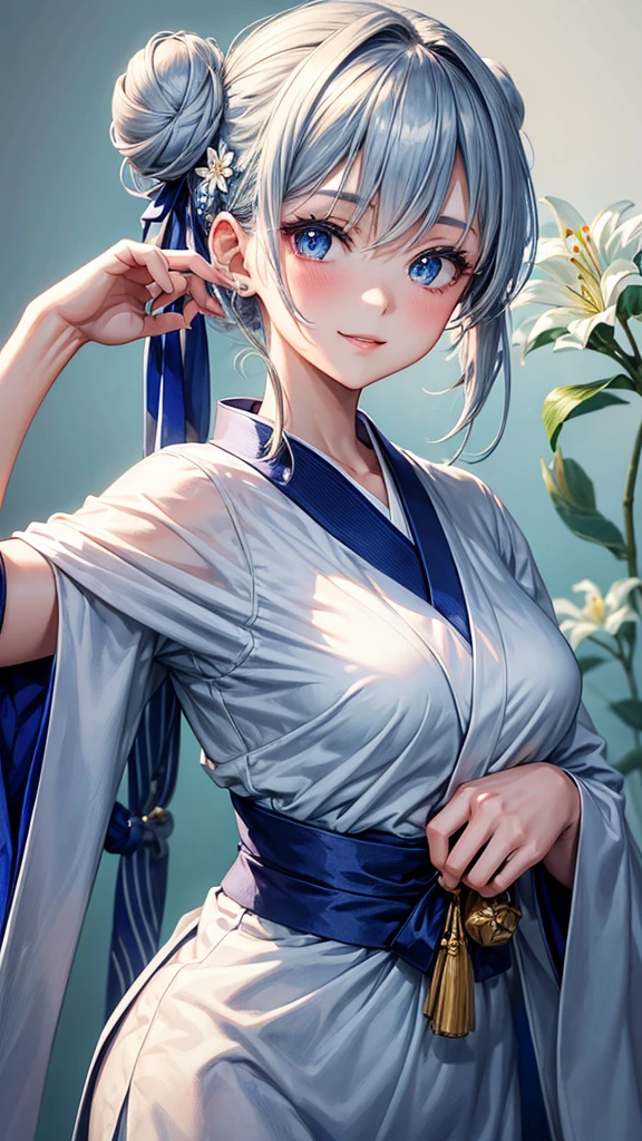 Anime character, half body only, upper body only, half body portrait, posing like a model, good looking, beautiful, full of details, aesthetic, hd, masterpiece art, amazing work. Solo,  girl, hair in bun, one bun, just one bun, flower accessories in bun, bluish gray colored hair, Lady, blue eyes, smile, elegant look, elegant carrying, white Japanese kimono, blue decoration, Lily flower theme, eyes facing camera, there are no hands to hinder the appearance, hands down, simple background.