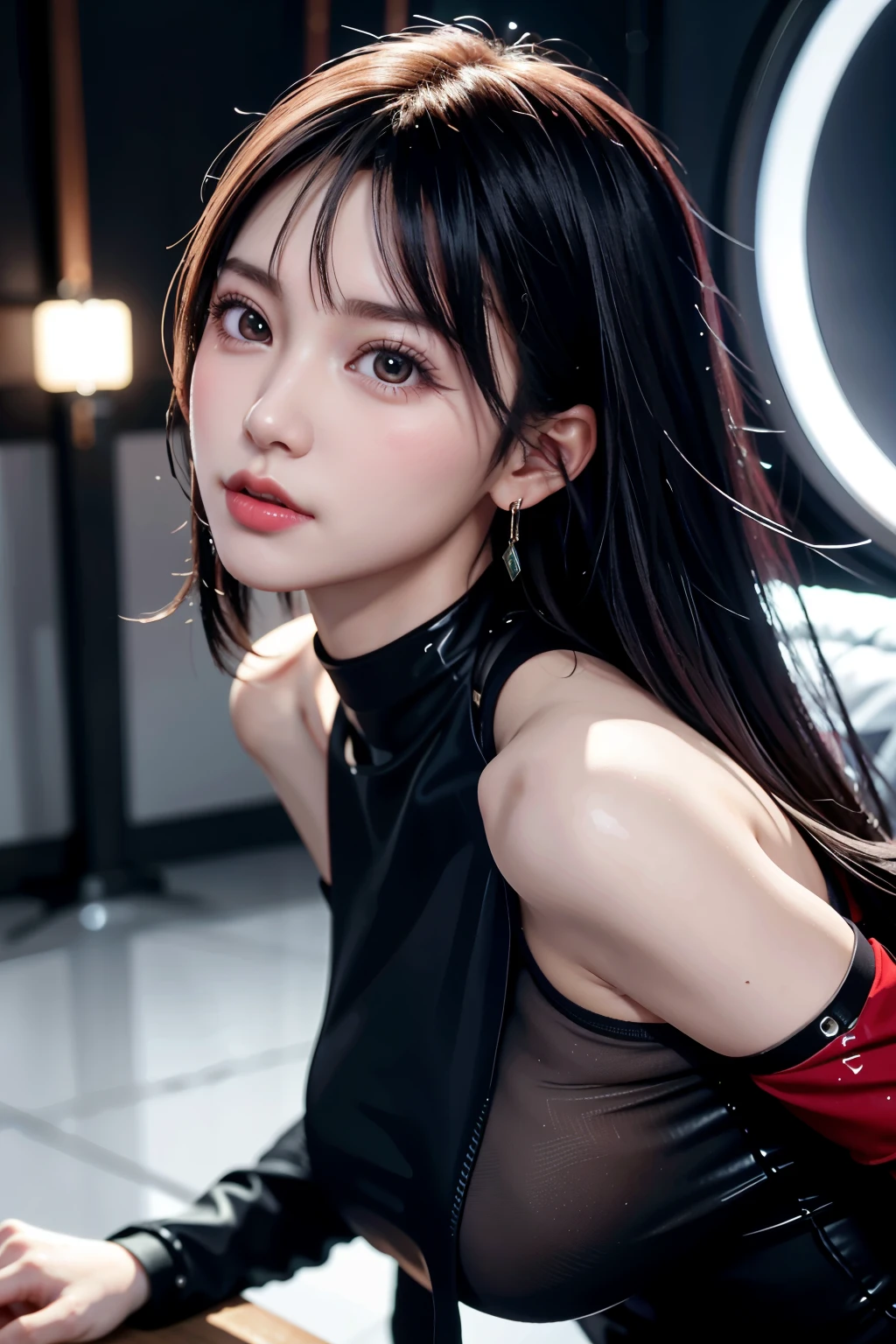 Panorama, 1 girl, alone, [Dark red hair: 0.2], cyberpunk, high tech, in, machine parts, Looking at the audience, green eyes, Short hair, super tech woman shining laser moon, cyberpunk 기계 신체 부위, tattooed, interior, Glowing laser earrings. high contrast, dinner, black,   [Attached: 0.9], reflection transparent rainbow, Short hair senos, White skin face of the most beautiful Korean woman, an alluring expression, (comfortable posture: 1.5), Eva, complex background, Sony A6300, Very beautiful and beautiful animated illustration, from a cinematic perspective, (comfortable posture: 1. 5), Eva, complex background, Sony A6300, Very beautiful and beautiful animated illustration from a cinematic perspective.