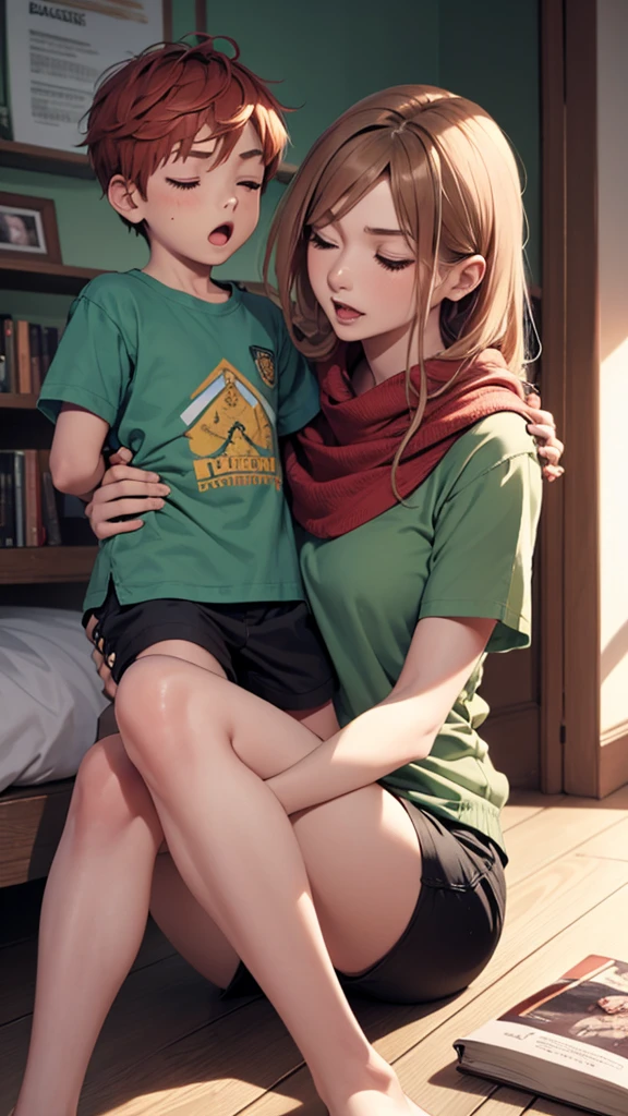 1 Girl、1boy、foot、Pantyhose、Book、Brown hair、heterosexuality、foot、Long hair、boy、Green shirt、Sitting、Mother and son、shorts、shirt、scarf、leg、child、ring、clock、skirt、open mouth、With eyes closed、Transparent leg、ring、Red Hair