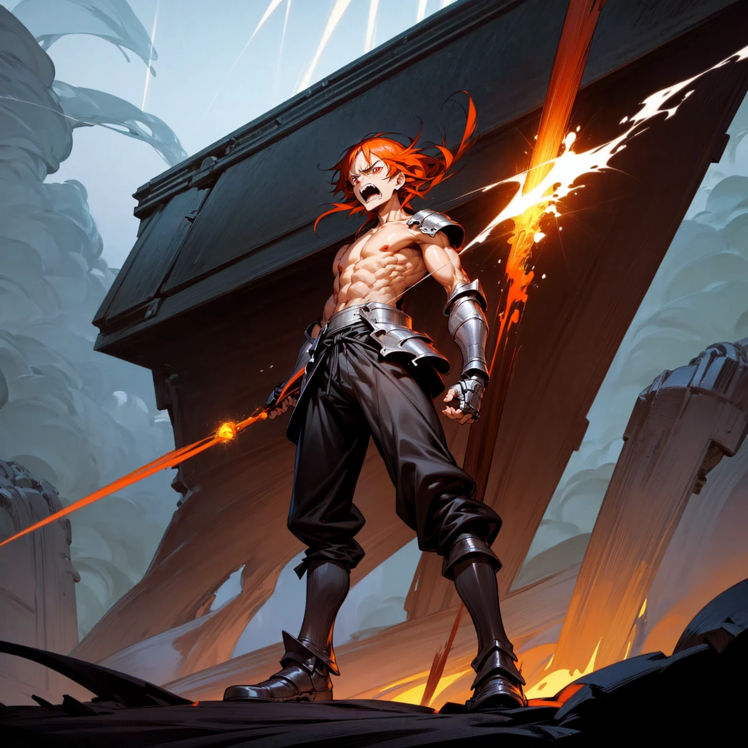 Solo character, full body version, tall height, old man, big muscle, Red eyes, orange half black color hair, long haircut, topless, long pants, boots, heavy armor, soldier knight, outdoor, Castle, (Bleach style art), standing gesture, angry eyes, angry, open mouth, smoke effect , lightning light, lightning flash, electricity, spectrum