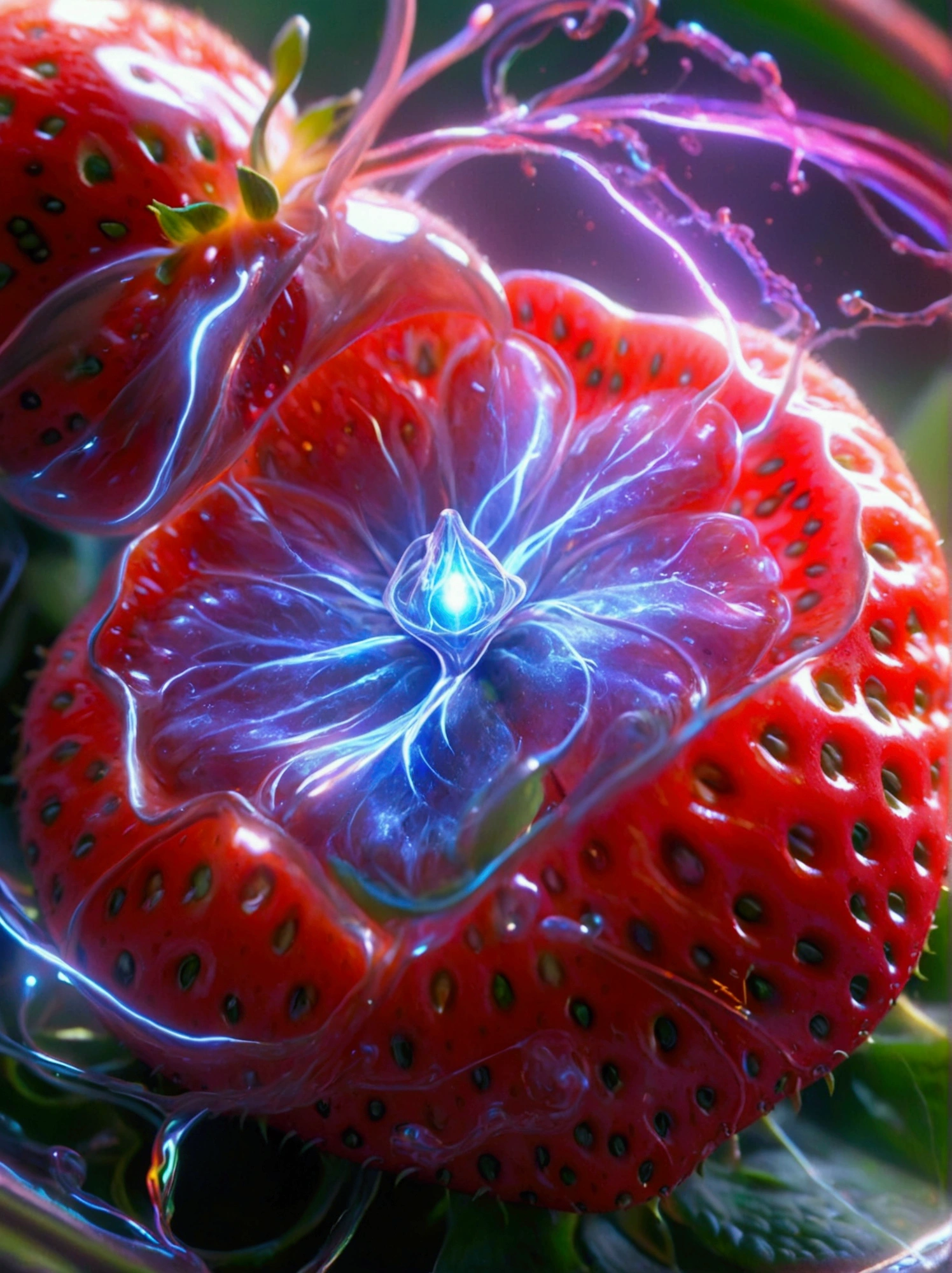 A red strawberry split in half，Capture stunning details with a macro lens，The strawberry is encased in a radiating toroidal field.，This is visually synonymous with electromagnetism，A spiral vortex penetrates the core of the strawberry，​​Surrounded by a swirl of otherworldly neon，Gives a feeling of suspension，These lights flash a deep purple、Electric blue and bright pink，They also illuminate the strawberry from the inside，Suggesting that there is a mysterious energy source at its core，This image was created using a digital simulation of a soft brush，Completed in unison in a fascinating and mysterious sci-fi setting，A perfect blend of natural beauty and technological aspects