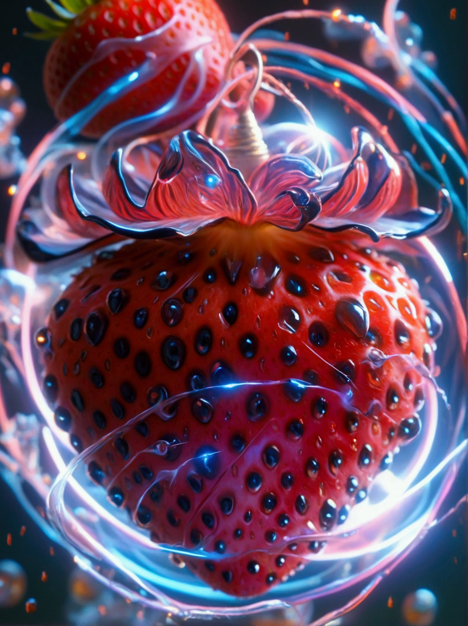 A red strawberry split in half，Capture stunning details with a macro lens，The strawberry is encased in a radiating toroidal field.，This is visually synonymous with electromagnetism，A spiral vortex penetrates the core of the strawberry，​​Surrounded by a swirl of otherworldly neon，Gives a feeling of suspension，These lights flash a deep purple、Electric blue and bright pink，They also illuminate the strawberry from the inside，Suggesting that there is a mysterious energy source at its core，This image was created using a digital simulation of a soft brush，Completed in unison in a fascinating and mysterious sci-fi setting，A perfect blend of natural beauty and technological aspects