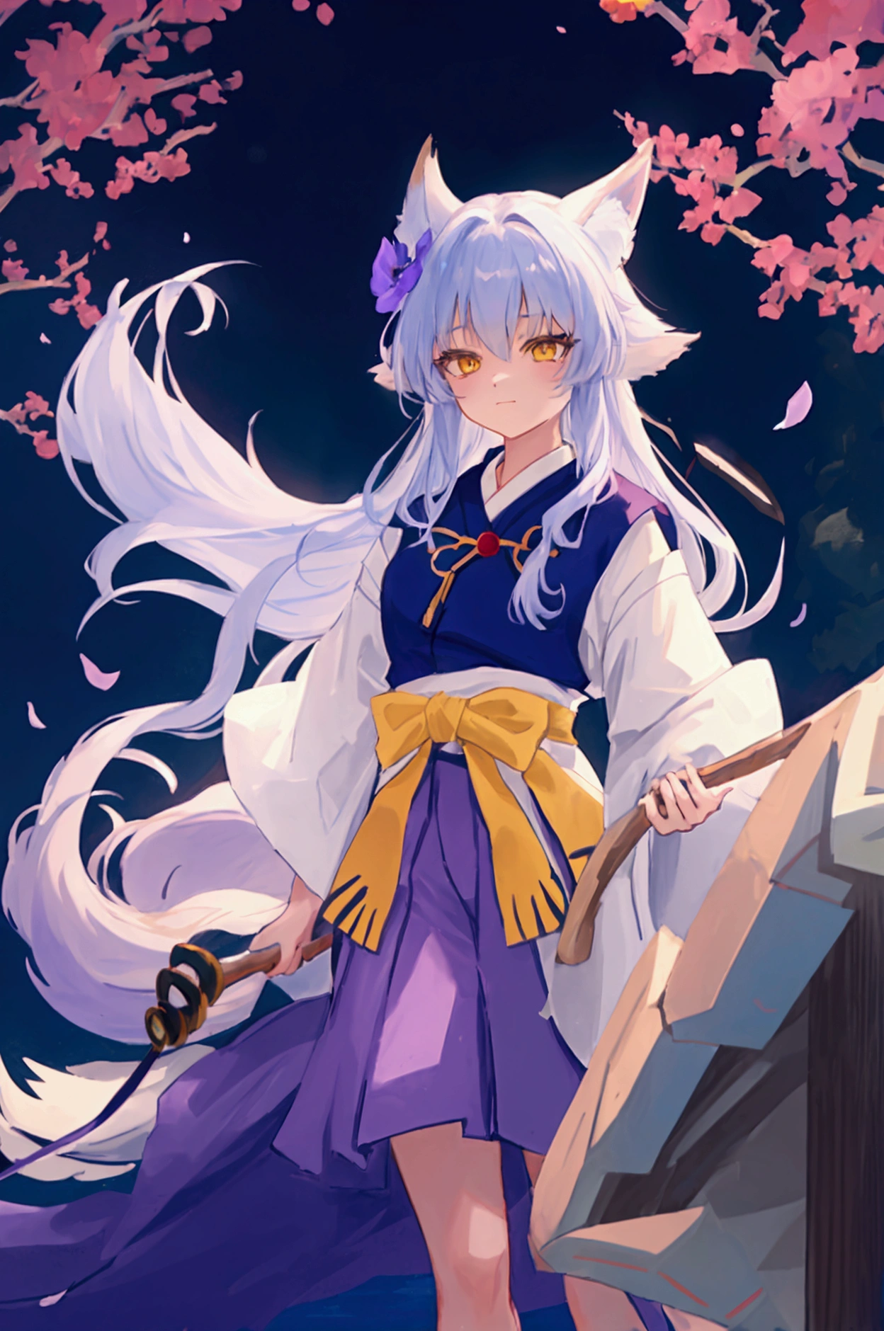 fox Light blue hair beast girl indigo fur fox beast girl Sesshomaru, Yellow eyes, Anime, Perfect face, Perfect Lighting, Outdoors, Warm colors, Dark purple sky, Autumn sunset, \(inuyasha\), Bearing Claw, Ready to fight wave, koi fish, anime artstyle, wide view, fluffy. yellow fox, marking under the eyes, crystal antler ,violet eyes, wearing bandanna, flower petals, Ambient light,Ultra-fine fur,volumettic light,natural lightting,fox tail,nevando,35mm。High quality, high detal, Best quality, hyper HD,individual,Single