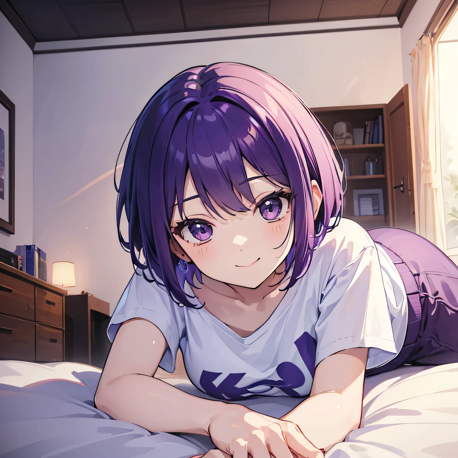 (T Masterpiece，4K wallpaper，Best Quality))、((girl１people))、(solo)、Bright and Brilliant，(Purple Hair)、(short hair:1.3)、smile、Bedroom、T-Shirts、night