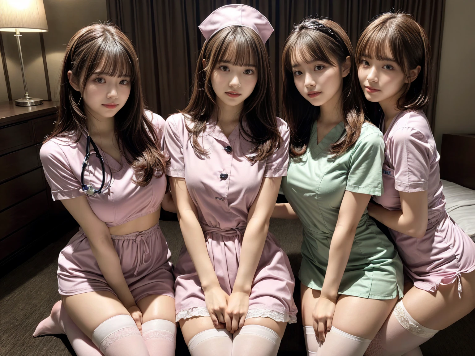masterpiece, best quality, illustration, Super detailed, fine details, High resolution, 8K,wall paper, perfect dynamic composition,(Details High quality, realistic depiction of eyes:1.3), (3 girls), ((nurse cap, short sleeves, light pink nurse wear, ((white legwear, zettai ryouiki)))), sitting, open legs, short bob hair, in a hotel room in the background, deep on field, large breasts, black hair color, Big Natural Color Lip, (perfect body shape), crying a little、Harajuku style、20 year old girl、cute type、beautiful legs, Gravure Idol