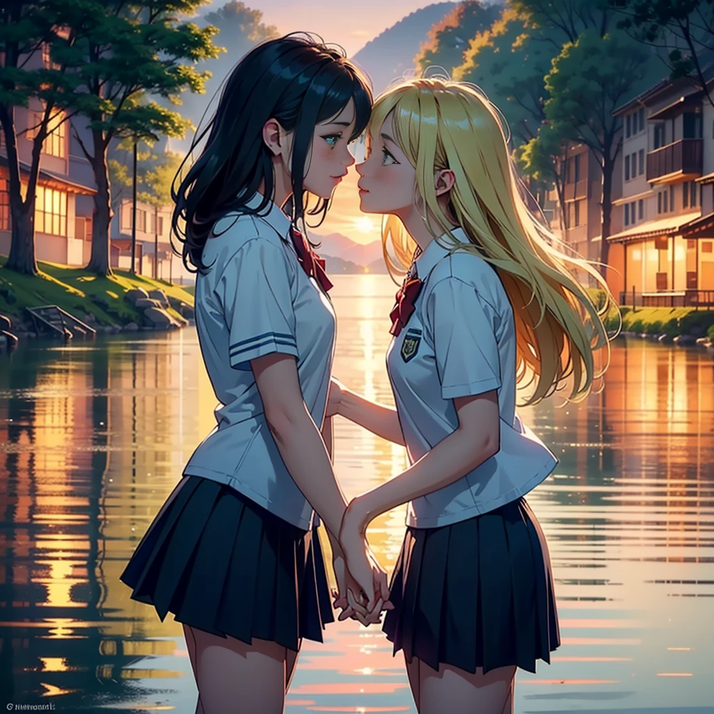 high school,boy,girl,falling in love,beautiful detailed green eyes,beautiful detailed lips,affectionate gaze,holding hands,cute couple,happy together,youthful,vibrant,first love,school uniform,bright green colors,happiness,joyful moments,friends cheering,smiling faces,romantic atmosphere,date by the lake,reflection on the water,sunset golden glow,gentle breeze,whispering secrets,emotional connection,endless possibilities,innocence,charming,nostalgic,vivid colors,stunning sunset,love story began,memorable,cherished memories,heartwarming,pure,intense emotions,heart fluttering,excitement,magical moments,forever together,lasting love