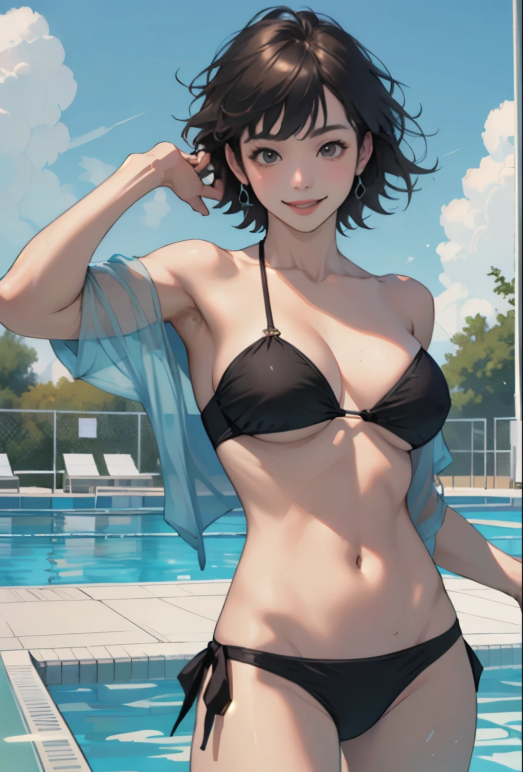 Realistic、Face reality、With a girl、Swimwear、Sexy smile、My breasts have gotten a little bigger、Sexy pose、High diving board、Bandeau bikini、Less fabric area、