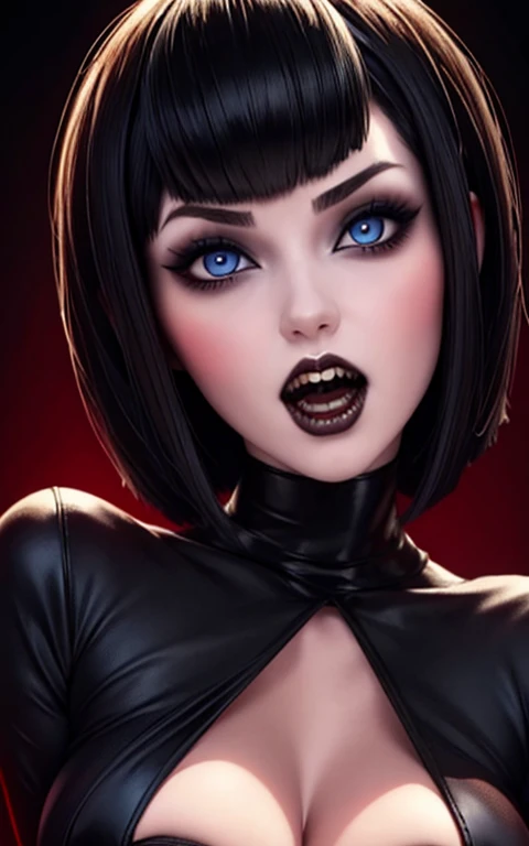 Mavis Dracula closeup, black fur, bobcut,big blue eyes, voluminous red lips perfectly detailed face and very pretty body , slender, abundant breasts,gothic makeup, growling, showing teeth fangs vampire ,Nswf