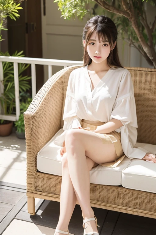 Very beautiful Japanese woman、Around 20 years old、layered cut、Sitting on a wicker chair、Scornful expression、Crossing your legs、stylish、Stylish white blouse and beige skirt、Afternoon terrace、The white light shines brightly、Professional photos with attention to detail、Photorealistic、Highest quality