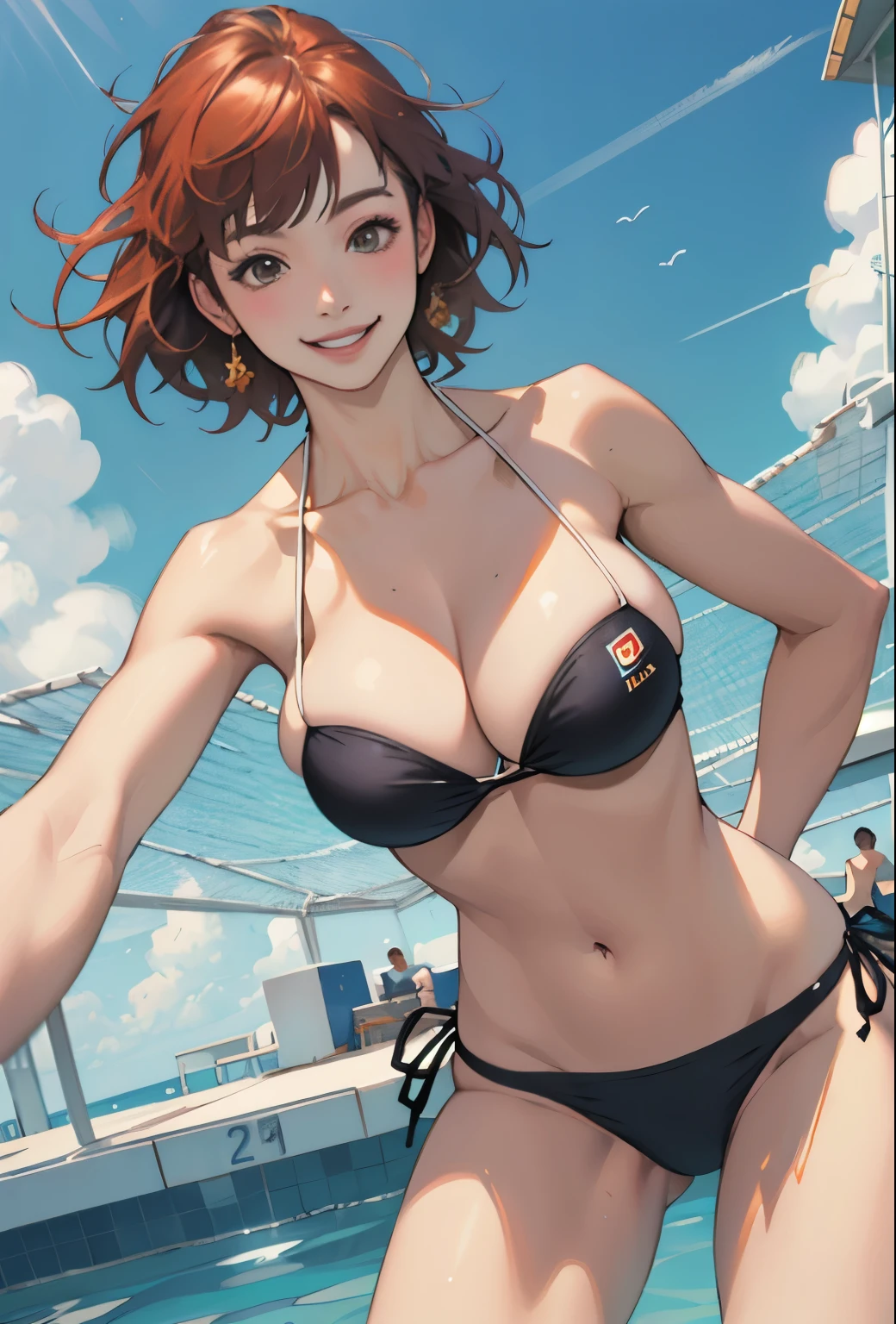 Realistic、Face reality、With a girl、Swimwear、Sexy smile、My breasts have gotten a little bigger、Sexy pose、High diving board、Bandeau bikini、Less fabric area、