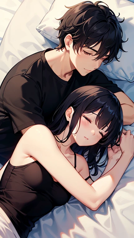 A couple, male and female, sleeping on a bed, covered with a blanket, white blanket, male wearing a black t-shirt, black hair, eyes closed, sleeping, female wearing a white camisole, t-shirt, eyes closed, sleeping, female hugging the male, relaxed, gentle, fair skin, moderate chest, slim waist.