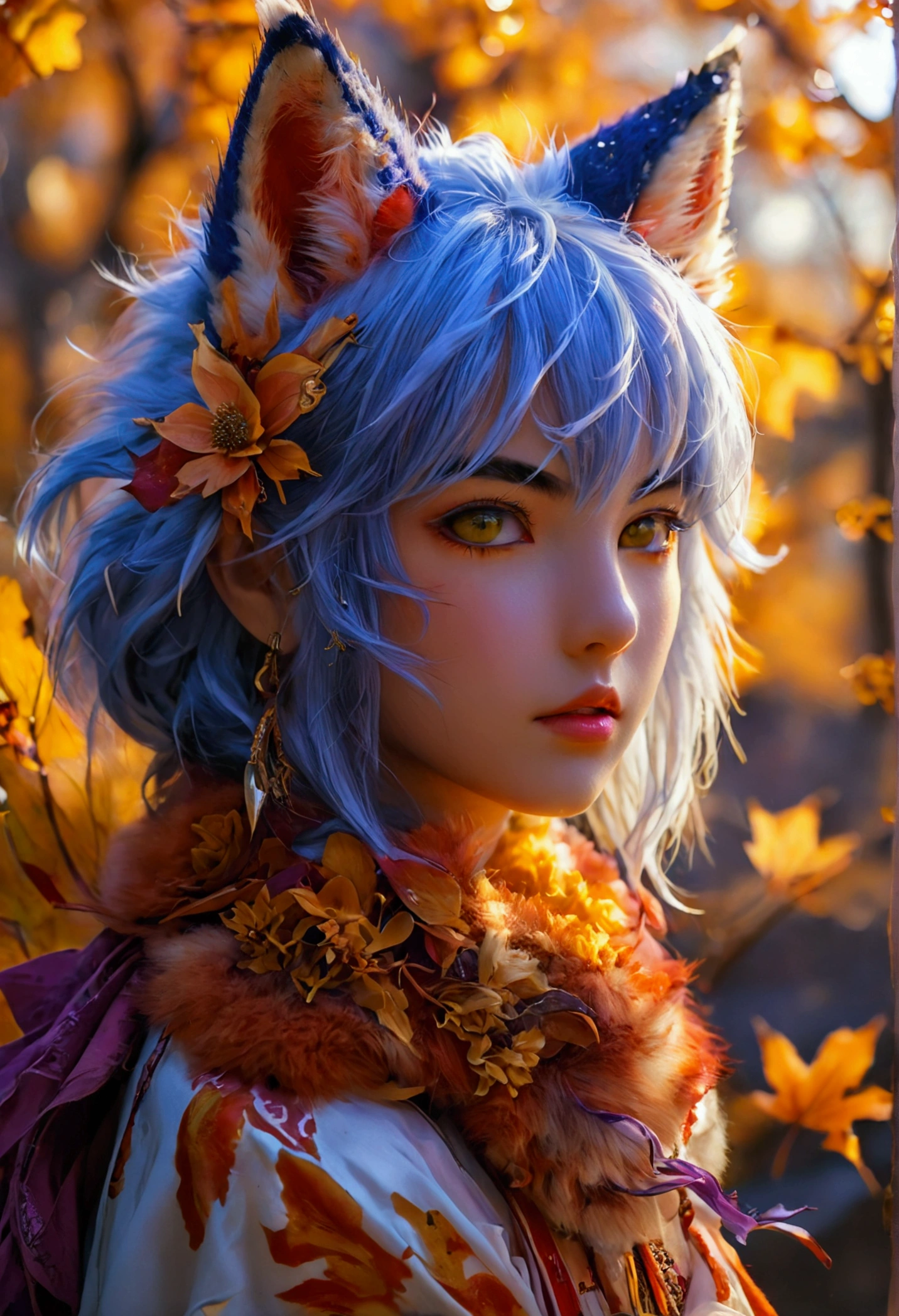 fox Light blue hair 　beast girl　indigo fur　fox beast girl　Sesshomaru, Yellow eyes, Anime, Perfect face, Perfect Lighting, Outdoors, Warm colors, Dark purple sky, Autumn sunset,  \(inuyasha\), Bearing Claw, Ready to fight　wave, koi fish, anime artstyle, wide view, fluffy. yellow  fox, marking under the eyes, crystal antler ,violet eyes, wearing bandanna, flower petals, Ambient light，Ultra-fine fur，volumettic light，natural  lightting，fox tail，nevando，35mm。High quality, high detal, Best quality, hyper HD，individual，Single