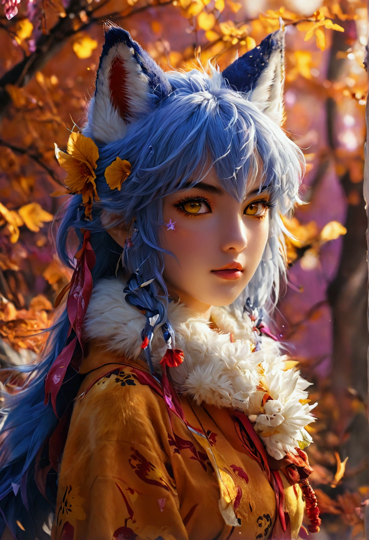 fox Light blue hair beast girl indigo fur fox beast girl Sesshomaru, Yellow eyes, Anime, Perfect face, Perfect Lighting, Outdoors, Warm colors, Dark purple sky, Autumn sunset, \(inuyasha\), Bearing Claw, Ready to fight wave, koi fish, anime artstyle, wide view, fluffy. yellow fox, marking under the eyes, crystal antler ,violet eyes, wearing bandanna, flower petals, Ambient light,Ultra-fine fur,volumettic light,natural lightting,fox tail,nevando,35mm。High quality, high detal, Best quality, hyper HD,individual,Single