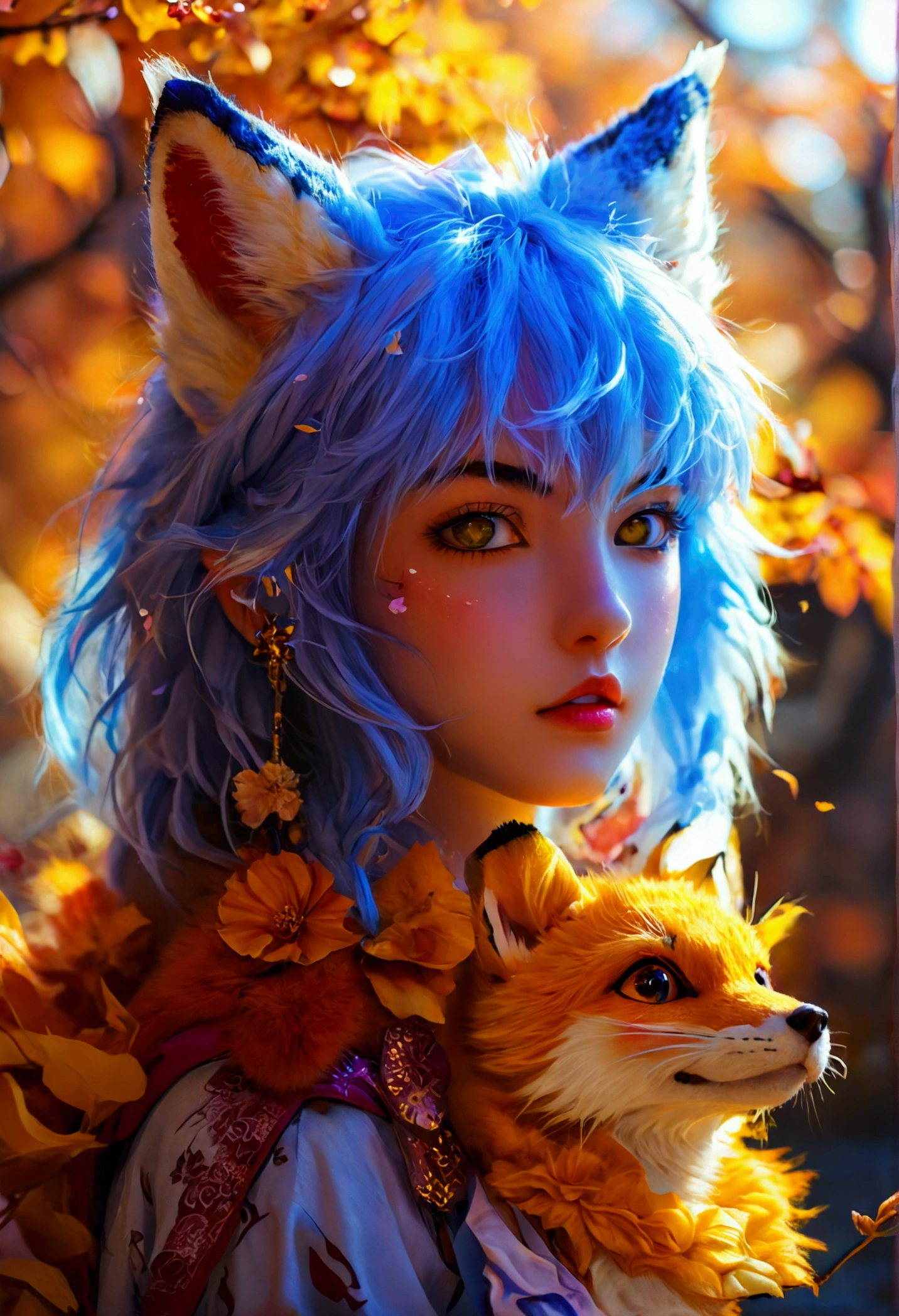 fox Light blue hair 　beast girl　indigo fur　fox beast girl　Sesshomaru, Yellow eyes, Anime, Perfect face, Perfect Lighting, Outdoors, Warm colors, Dark purple sky, Autumn sunset,  \(inuyasha\), Bearing Claw, Ready to fight　wave, koi fish, anime artstyle, wide view, fluffy. yellow  fox, marking under the eyes, crystal antler ,violet eyes, wearing bandanna, flower petals, Ambient light，Ultra-fine fur，volumettic light，natural  lightting，fox tail，nevando，35mm。High quality, high detal, Best quality, hyper HD，individual，Single