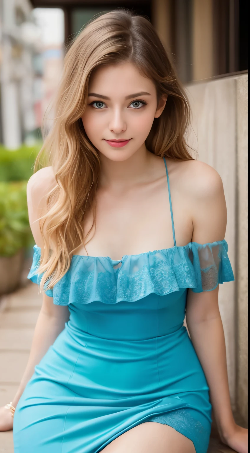 ulzzang-6500-v1.1, (RAW Photos:1.2), (Photorealistic), (See-through:1.3), (Genuine:1.4), 1With a girl、16 years old、game_Ticker, Ocean Blue Eyes(Eye details), A shy smile、Blonde semi-long hair、Curly Hair、European girl、Elegant off-the-shoulder dress:1.3, Ultra-realistic pantyhose:1.3, Realistic skin texture、Shiny skin、Bare thighs!!! , Makeup、