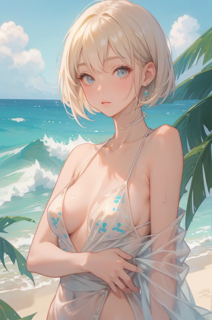((highest quality, masterpiece, High resolution))、beautiful japanese woman、((anime art))、 ((1 female))、18-year-old、realistic face、 smaller breasts、slim body shape、medium short hair、double eyelid、Wet see-through bikini、Wrap your waist in cloth with bold ethnic patterns and plenty of primary colors.、realistic skin、Wet、whole body、cinematic light、tropical、Against the background of palm trees、on a sunny beach、With the sea in the background、blur background、