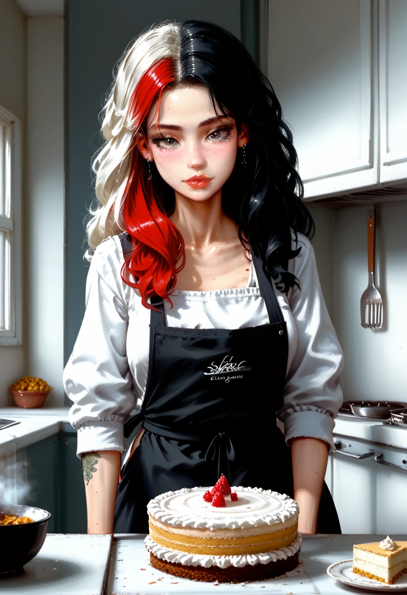 woman with tattoo,spl1th41r, two tone hair (([red|black] hair)), long hair, wearing a black apron,  Cooking, look at the viewer, kitchen, cake and pie in the background,  in room, (soothing tones:1.0), (HDR:1.25), (ArtStation:1.2), dramatic, (complex parts:1.14), (hyper realistic 3D rendering:1.16), (cinematic:0.55), (rutkowskyi:1.1), (faded:1.3),Shine,ultra detail,masterpiece,Full drawing of the painting,High quality robot,wallpaper,Goddess of cooking,Attractive,The most delicious food