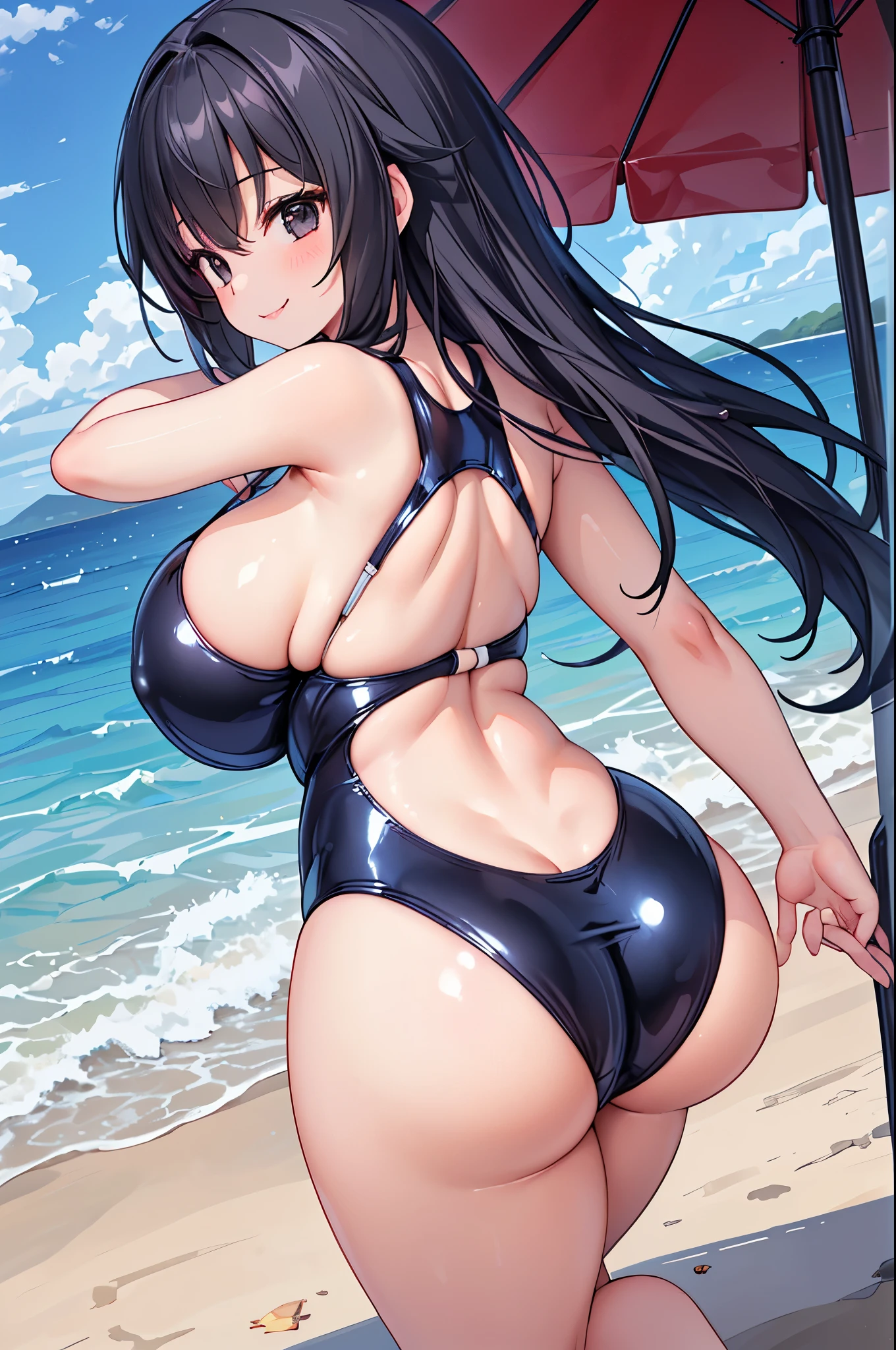 ((latex:1.8)),(back view: 2.0),  (1 girl: 2.0), (lower breasts: 1.5), (Smile Beam: 1.5), (huge breasts: 2.0)), (huge saggy breasts: 1.5), (cleavage: 1.5), (competition swimsuit: 1.5), (high leg: 1.5), (latex: 1.5)), anime girl in bikini posing on the beach with an umbrella, boobs, realistic bikini, swimsuit, is wearing a swimsuit, boob boobs, seductive anime girls, big boobs! , at the beach, big boobs!! , [4K DIGITAL ART]!! , on the beach, smooth anime CG art, with big breasts, on the beach, highest quality, 4K, masterpiece, very detailed, studio lighting, hilarious, vivid expression, super high quality, very detailed, perfect photo,3d,8k, high resolution, black hair, (black eye:1.5), sporty shadows, smooth anime CG art, 