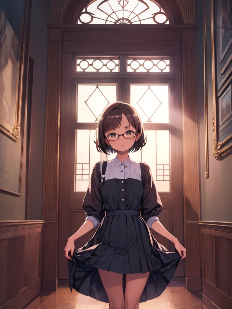 (indoor:1.1, Girl with glasses:1.2 and Skirt, dress, Make it beautiful, Make it beautiful, hole, Room with a window),(Brown Skin, Beautiful Face:1.1, Sparkling eyes),(masterpiece:1.4).