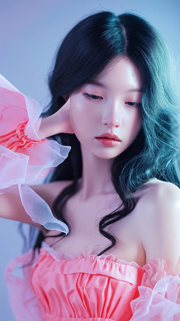 realistic photography, detailed, 3d; Korean woman, long black hair. romantic, floating organza, wavy chiffon fabric, studio lighting, outer space, Intricate, Sharp Focus, Concept Art, Artstation, Digital painting, Highly detailed, Concept art, Coral pink pastel, White pastel, Blue pastel, Pink pastel, Sci-fi, Futuristic, Silver Hyperrealism, high quality, highly detailed, very detailed