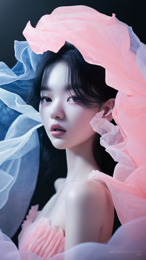 realistic photography, detailed, 3d; Korean woman, long black hair. romantic, floating organza, wavy chiffon fabric, studio lighting, outer space, Intricate, Sharp Focus, Concept Art, Artstation, Digital painting, Highly detailed, Concept art, Coral pink pastel, White pastel, Blue pastel, Pink pastel, Sci-fi, Futuristic, Silver Hyperrealism, high quality, highly detailed, very detailed