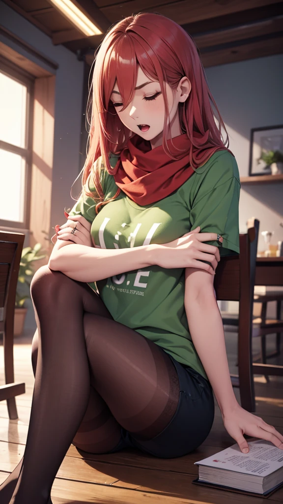 1 Girl、1givesl、foot、Pantyhose、Book、dark red hair、heterosexuality、foot、Long hair、gives、Green shirt、Sitting、Mother and daughter、shorts、shirt、scarf、leg、child、ring、clock、skirt、open mouth、With eyes closed、Transparent leg、ring、Red Hair