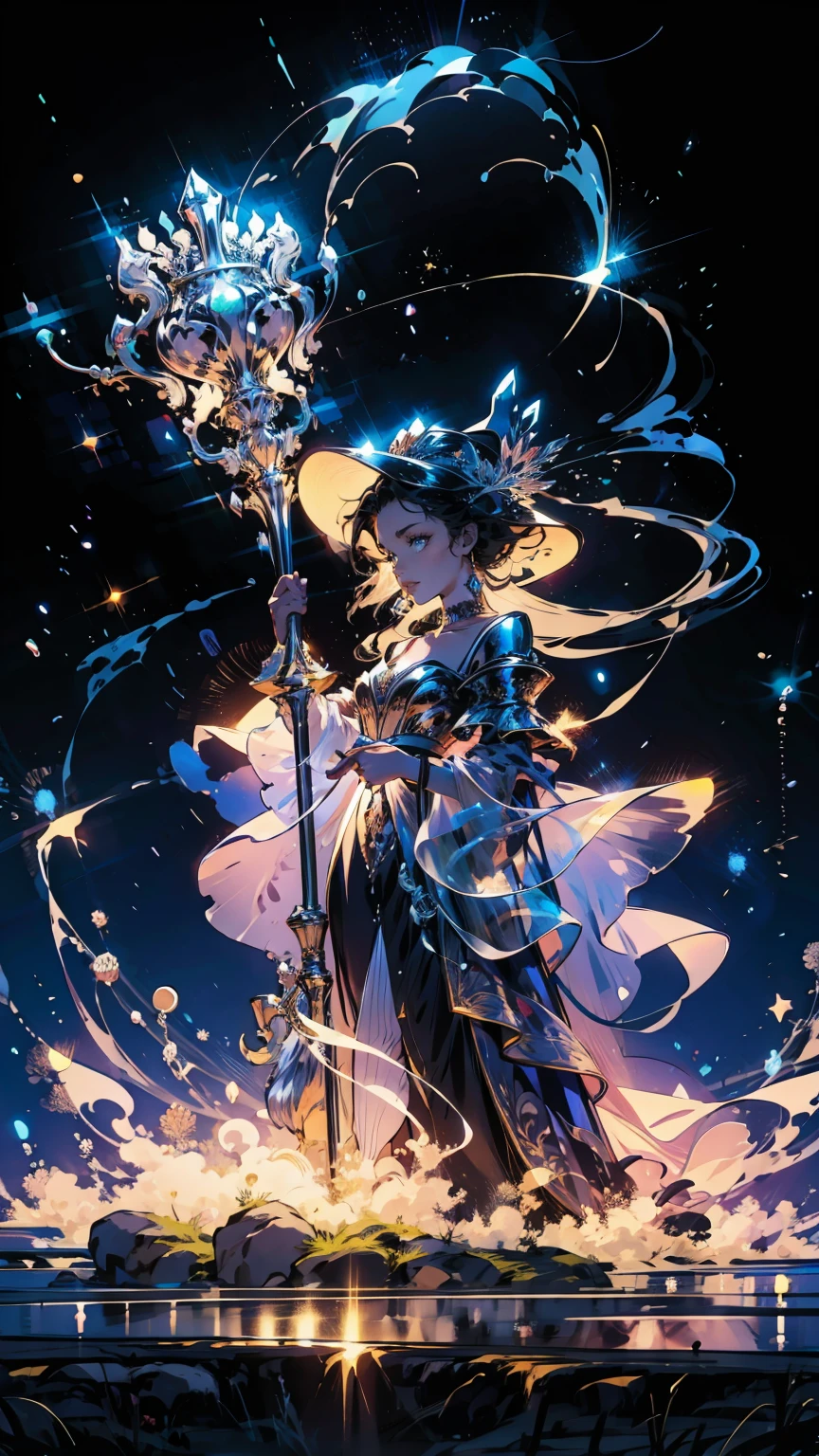 A beautiful women witch with a crown, dark scene, full moon, stars, magic, crystals, perfect Emeril dress, Holding a broom with her left hand and a magic wand with her right hand, powers, flowers, leaves