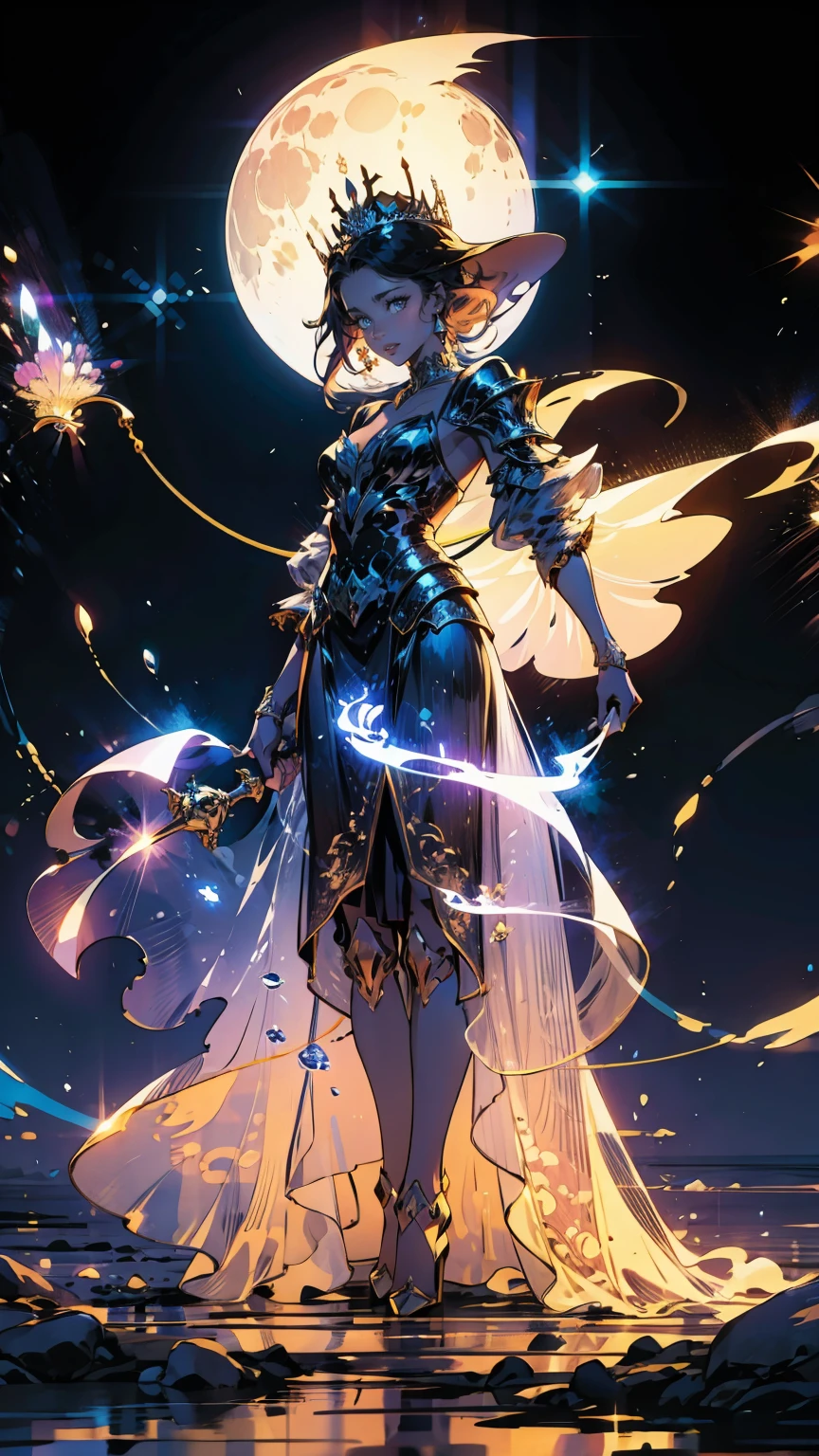 A beautiful women witch with a crown, dark scene, full moon, stars, magic, crystals, perfect Emeril dress, Holding a broom with her left hand and a magic wand with her right hand, powers, flowers, leaves