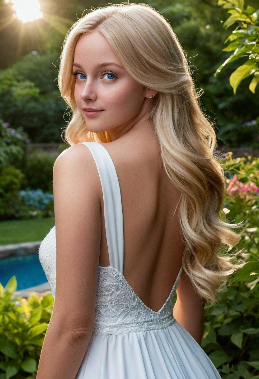 "A photorealistic picture of a 25-year-old American girl with long, medium size breast, medium size ass, tiny attractive nose, flowing blonde hair and blue eyes with wearing white dress. She should have a natural, approachable expression and be illuminated by soft.Instagram photo. She is in the garden, her hands are not captured in the photo, Capture this image with a high-resolution photograph. photo is taken from her back. Her ass is shown on the photo
