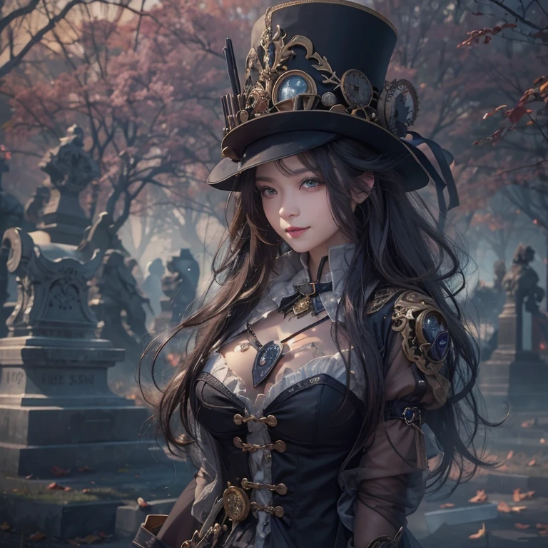 Standing in the grave、Hair Flow、 ((Highest quality、masterpiece、8k、Best image quality、Ultra-high resolution、Award-winning works)、(Accurate anatomy:1.1)、(Look at me and smile:1.1)、Shining fair skin with Ultra-high resolution、The most detailed face、Ultra-high resolution detailed face、Ultra-high resolutionの髪の毛、(Ultra-high resolution eye:1.1)、Beautiful face drawn in every detail、Steampunk costumes, Chest to chest, Strange atmosphere, Ghosts flow, Dark Light, At the cemetery, Heavy makeup
