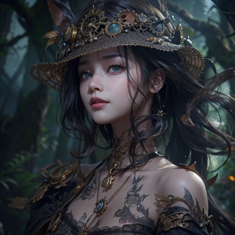 Standing in the grave、Hair Flow、 ((Highest quality、masterpiece、8k、Best image quality、Ultra-high resolution、Award-winning works)、(Accurate anatomy:1.1)、(Look at me and smile:1.1)、Shining fair skin with Ultra-high resolution、The most detailed face、Ultra-high resolution detailed face、Ultra-high resolutionの髪の毛、(Ultra-high resolution eye:1.1)、Beautiful face drawn in every detail、Steampunk costumes, Chest to chest, Strange atmosphere, Ghosts flow, Dark Light, At the cemetery, Heavy makeup
