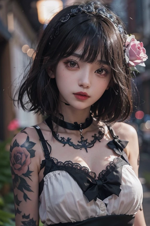 ((Upper Body))、((One Girl))、(Age 35)、((Very short hair))、((Straight bangs))、((Black-haired))、(Take in the view)、Gothic Lolita、((Black maid outfit))、(Eye patch for left eye)、(Realistic:1.2)、In 8K、(High Quality Shadows)、Beautiful and delicate face、Beautiful and delicate eyes、Cute K-pop Idol、(The Face of Ulzan in Korea)、(Urzan-6500-v1.1:0.6)、Glowing Eyes、Perfect body、Natural color reproduction、((Strong light))、Bright red lipstick、(choker)、((Brown eyes))、Shiny Hair、Description of beautiful and delicate hair、(Glowing Skin)、(night)、Japanese、(dark alley between buildings)、Street lamp、Shoulder Bare、Small red rose tattoo on the décolletage、Just one tattoo