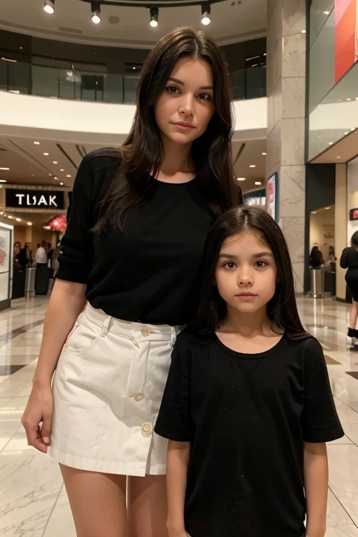 Mother over 40, extremely short and dark hair. Daughter around 8 with long hair. The daughter has a more adult attitude than her mother. The mother has more posture than the daughter. They are in a mall. The image must be ultra realistic, in 8k and full HD quality.