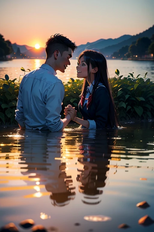 high school,boy,girl,falling in love,beautiful detailed green eyes,beautiful detailed lips,affectionate gaze,holding hands,cute couple,happy together,youthful,vibrant,first love,school uniform,bright green colors,happiness,joyful moments,friends cheering,smiling faces,romantic atmosphere,date by the lake,reflection on the water,sunset golden glow,gentle breeze,whispering secrets,emotional connection,endless possibilities,innocence,charming,nostalgic,vivid colors,stunning sunset,love story began,memorable,cherished memories,heartwarming,pure,intense emotions,heart fluttering,excitement,magical moments,forever together,lasting love