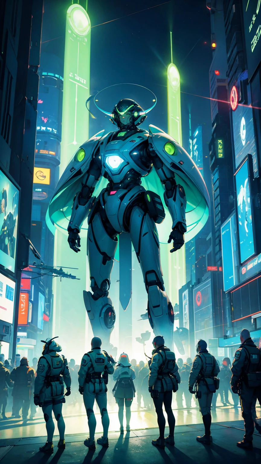 A futuristic city scene at night with bright green beams of light in the sky, flying saucers, and robots. The center features a large digital billboard displaying 'COMING SOON BIG NEWS.' Crowds of people and robots are gathered around, taking photos and looking excited. Replace all characters with beautiful, cute girls while maintaining the same futuristic, sci-fi theme. The background, flying saucers, and overall color scheme should remain exactly the same.