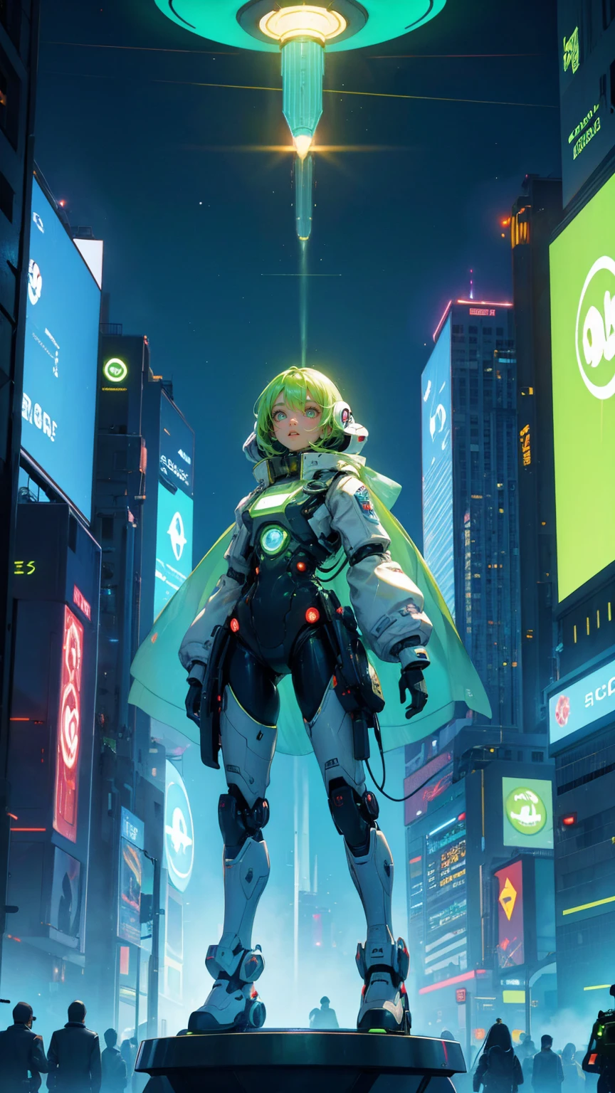 A futuristic city scene at night with bright green beams of light in the sky, flying saucers, and robots. The center features a large digital billboard displaying 'COMING SOON BIG NEWS.' Crowds of people and robots are gathered around, taking photos and looking excited. Replace all characters with beautiful, cute girls while maintaining the same futuristic, sci-fi theme. The background, flying saucers, and overall color scheme should remain exactly the same.