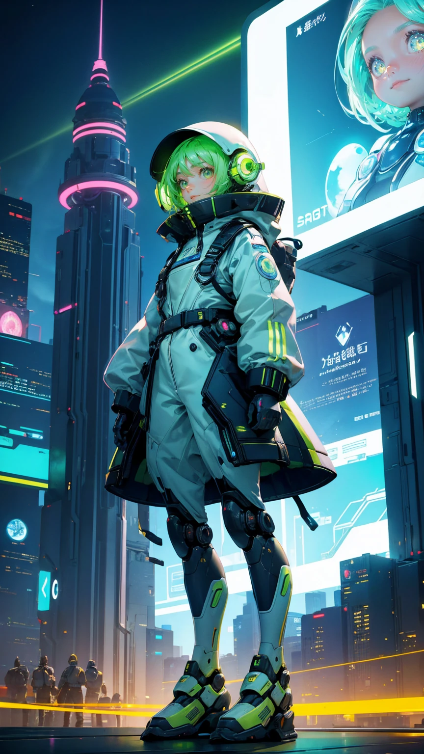 A futuristic city scene at night with bright green beams of light in the sky, flying saucers, and robots. The center features a large digital billboard displaying 'COMING SOON BIG NEWS.' Crowds of people and robots are gathered around, taking photos and looking excited. Replace all characters with beautiful, cute girls while maintaining the same futuristic, sci-fi theme. The background, flying saucers, and overall color scheme should remain exactly the same.