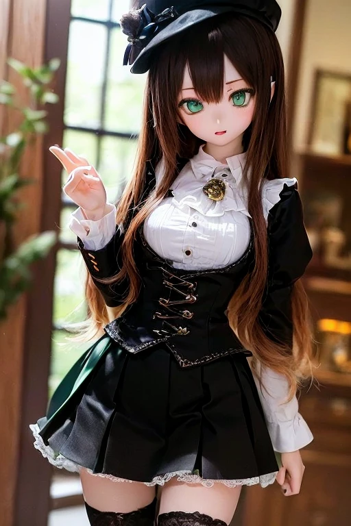 (SFW:2), photorealistic, realistic photo, 8k, ((highest quality)), ((masterpiece)), (extremely detailed), kukolnydom, doll, (mature woman, 21yo, 21 years old, solo:1.6), ((cowboy shot, standing, head tilt, slim, slender, skinny, medium breasts, bowler hat, ascot, corset, blouse, long puff sleeves, tiered pannier skirt, thighhigh socks)), (green eyes, brown hair, long hair, plastic skin, looking at another, glass eyes, gradient eyes, shining eyes, detailed eyes:1.3)