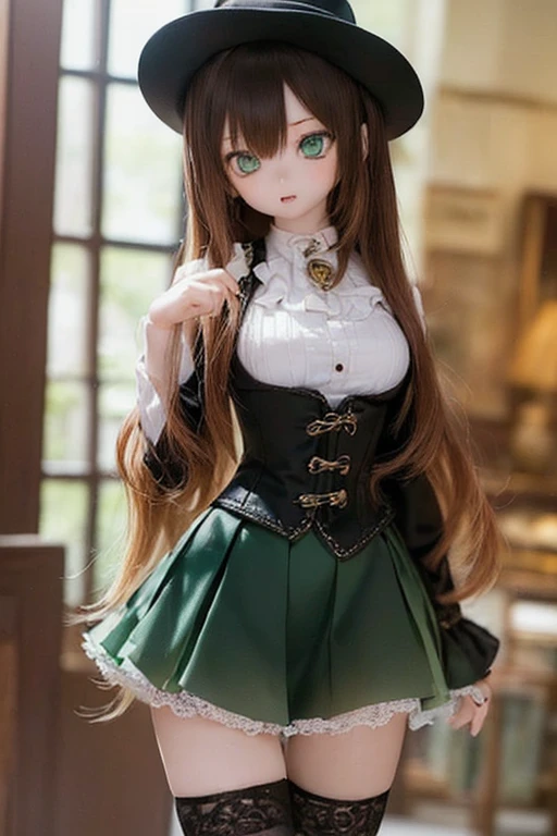(SFW:2), photorealistic, realistic photo, 8k, ((highest quality)), ((masterpiece)), (extremely detailed), kukolnydom, doll, (mature woman, 21yo, 21 years old, solo:1.6), ((cowboy shot, standing, head tilt, slim, slender, skinny, medium breasts, bowler hat, ascot, corset, blouse, long puff sleeves, tiered pannier skirt, thighhigh socks)), (green eyes, brown hair, long hair, plastic skin, looking at another, glass eyes, gradient eyes, shining eyes, detailed eyes:1.3)