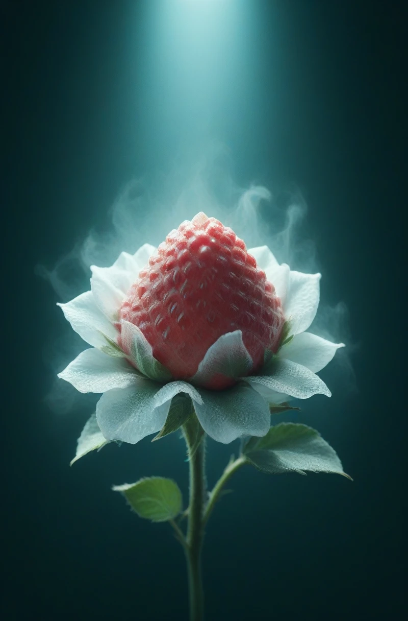 Highest quality、masterpiece、Strawberry single flower、バラのPetals are strawberry、Petals are strawberry、Strawberries made of ice like roses、Ultra-realistic strawberry with stem、Gradation、Dark Background、Spotlight、Dry ice smoke