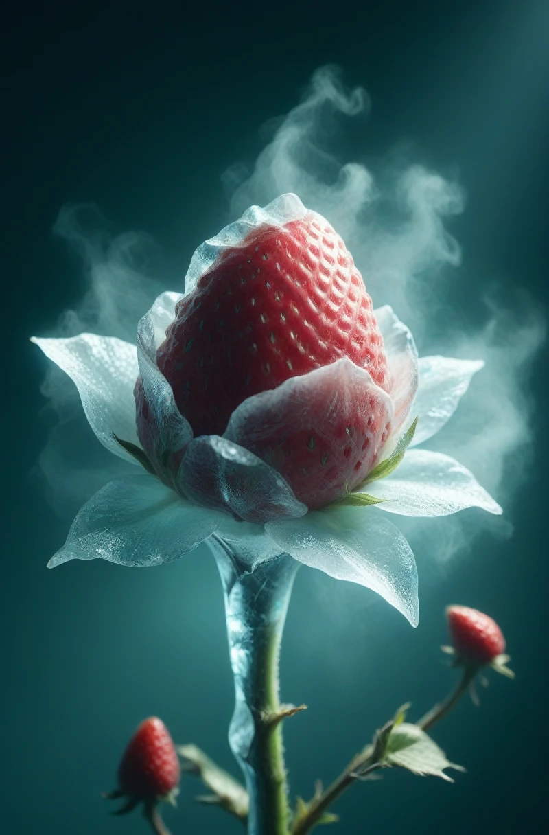 Highest quality、masterpiece、Strawberry single flower、バラのPetals are strawberry、Petals are strawberry、Strawberries made of ice like roses、Ultra-realistic strawberry with stem、Gradation、Dark Background、Spotlight、Dry ice smoke