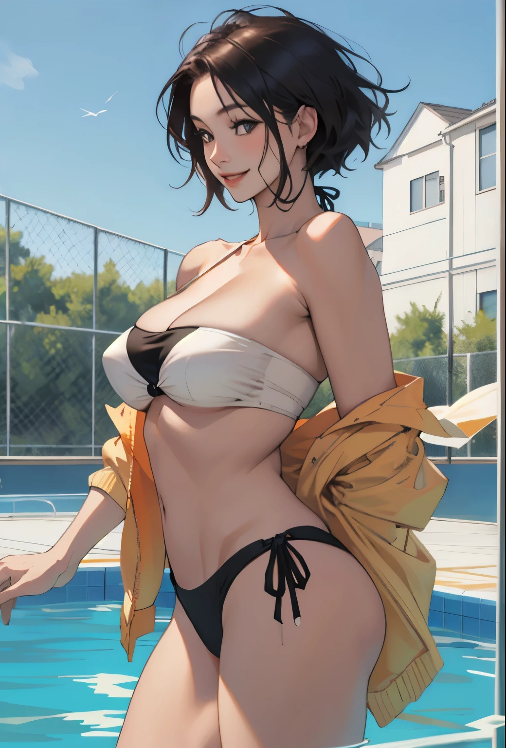 Realistic、Face reality、With a girl、Swimwear、Sexy smile、My breasts have gotten a little bigger、Sexy pose、High diving board、Bandeau bikini、Less fabric area、