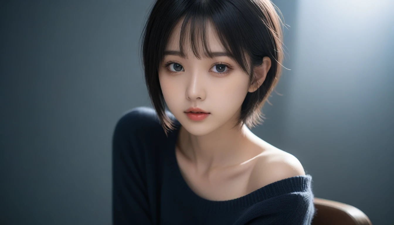 8k, Ultra-high resolution, Highest quality, masterpiece, 三分割法によるphotograph,Surreal, photograph, 1 Girl, (:1.3), pretty girl, Cute Face, Beautiful eyes in every detail, 細かくdetailedに,masterpiece,One Girl:1.2,Japan Female Teachers,full body,Serious expression,Black short hair,Blunt bangs,Sit in a big chair,Brutal Cyberpunk Woman,(Bloomer outfit:1.3), (Post-apocalyptic scenarios:1.2),Expression of despair,Captivating thighs,Beautiful leg line beauty,bracelet, chest, choker, clavicle, Earrings,Gray background ,Perfect and beautiful face ,完璧でCute Face, Skin with attention to detail, Perfect limbs、Narrow waist,Looking at the audience,(((Ideal body type))),Aカップの小さなchest :2,Portraiture:2,Perfect Anatomy,鮮明なdetailed,detailed,Surreal,Light and shadow,spotlight
