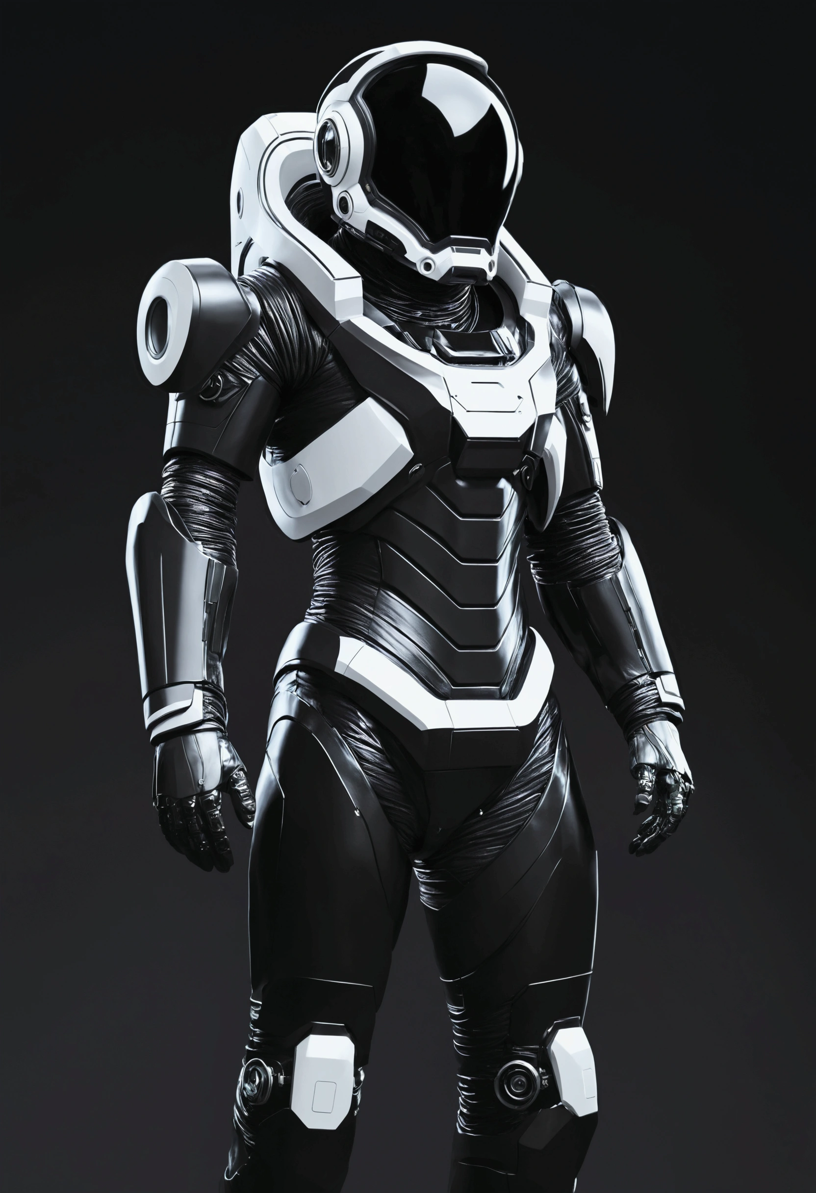 Create a sleek, dark-themed futuristic space suit for exploration. The suit should feature advanced life support systems, a modular design, and a heads-up display (HUD) on the helmet. Use a blend of black and metallic white for the color scheme, detailed no face slime, Glorious mecha-style ,Full-body illustration, space suit